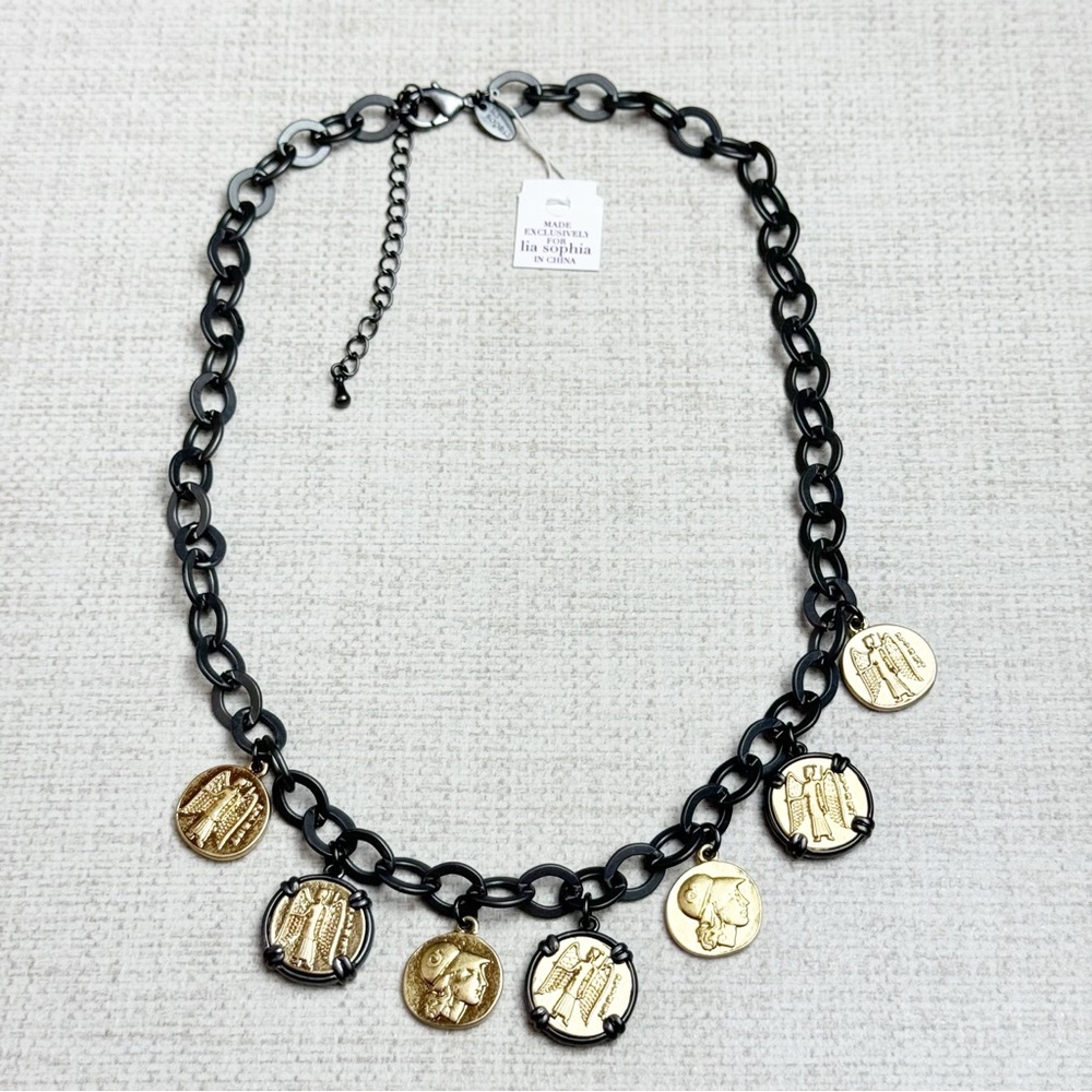 Lia Sophia Cypress Hematite Metal Chain Gold Tone Coin Necklace